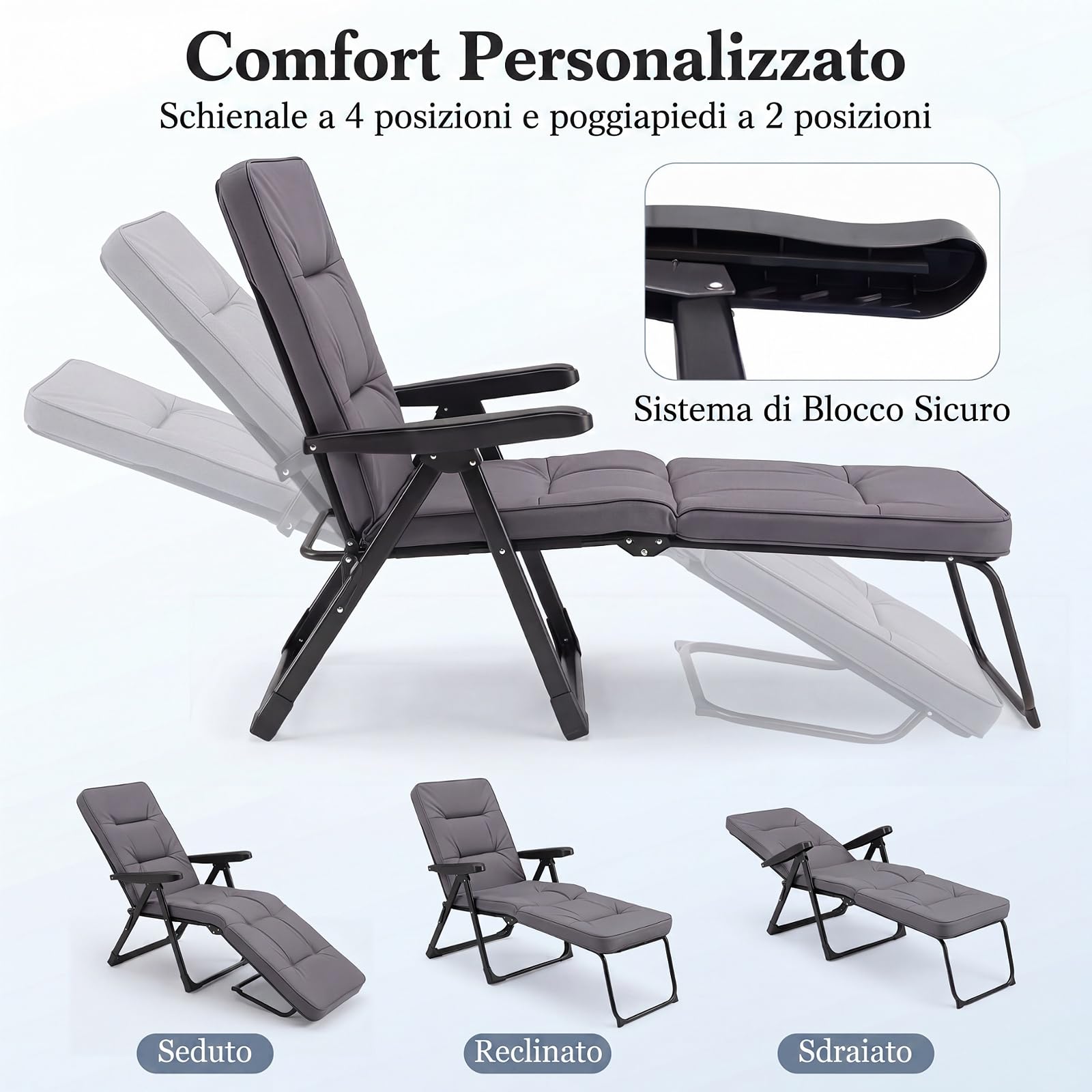 COSTWAY Sedia a Sdraio Pieghevole, Lettino Prendisole da Esterno con Schienale e Poggiapiedi Regolabili, Poltrona Relax in Metallo con Cuscino Morbido per Giardino e Terrazzo, Portata 150 kg (Grigio)