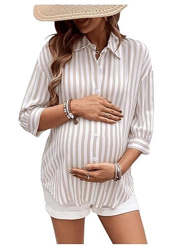 MakeMeChic Women's Maternity Shirts Blouses Striped Button Down 3/4 Sleeve