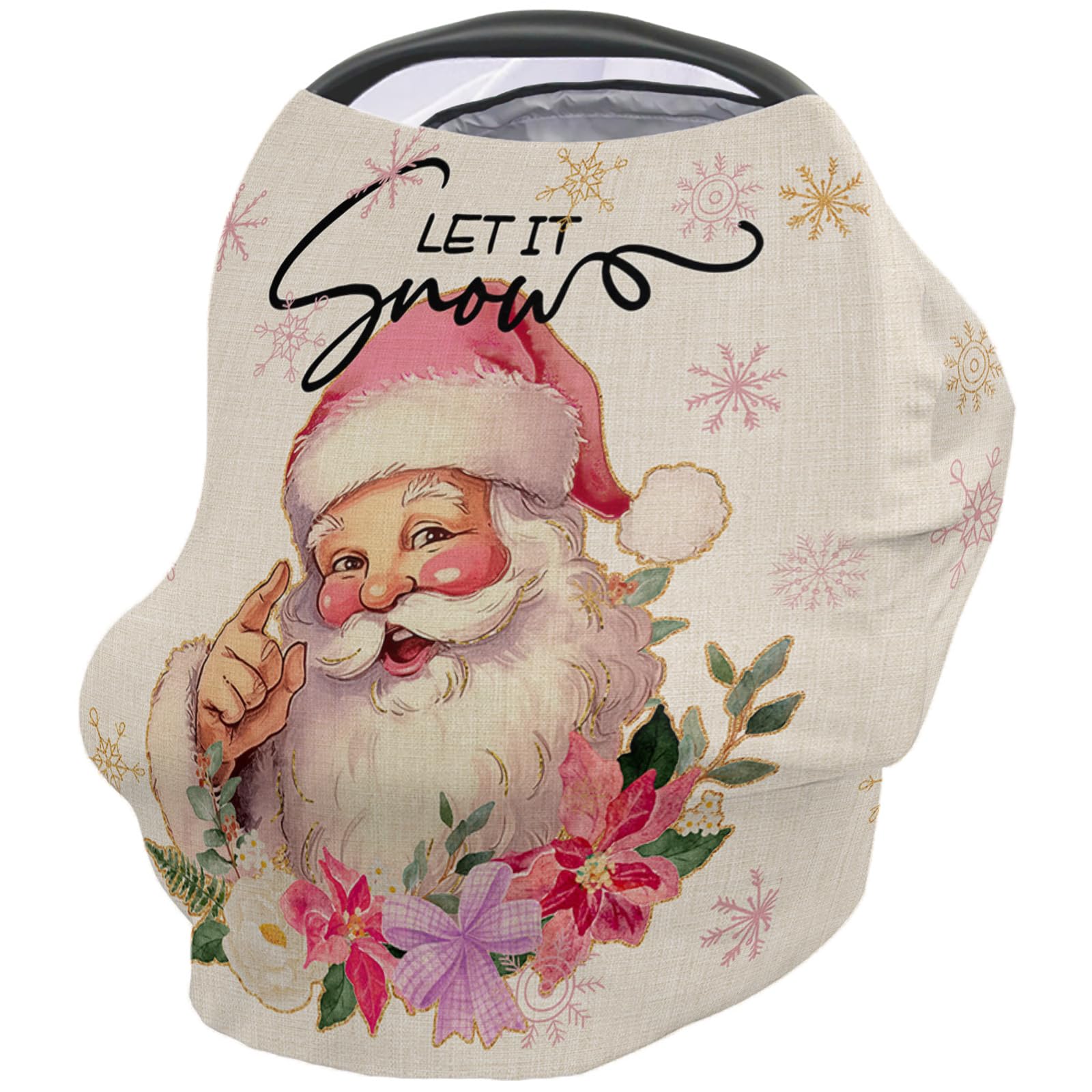 Nursing Cover for Breastfeeding Scarf, Merry Christmas Smiling Santa Claus Pink Flowers Baby Car Covers Super Soft Multi Use for Canopy Shopping Cart Cover Blanket Stroller Cover