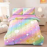 5 Pcs Twin Bedding Sets for Girls, Pink Glitter Rainbow Bed in A Bag Twin Size Bed Set, Stars Galaxy Bedding Comforter Set for Girls