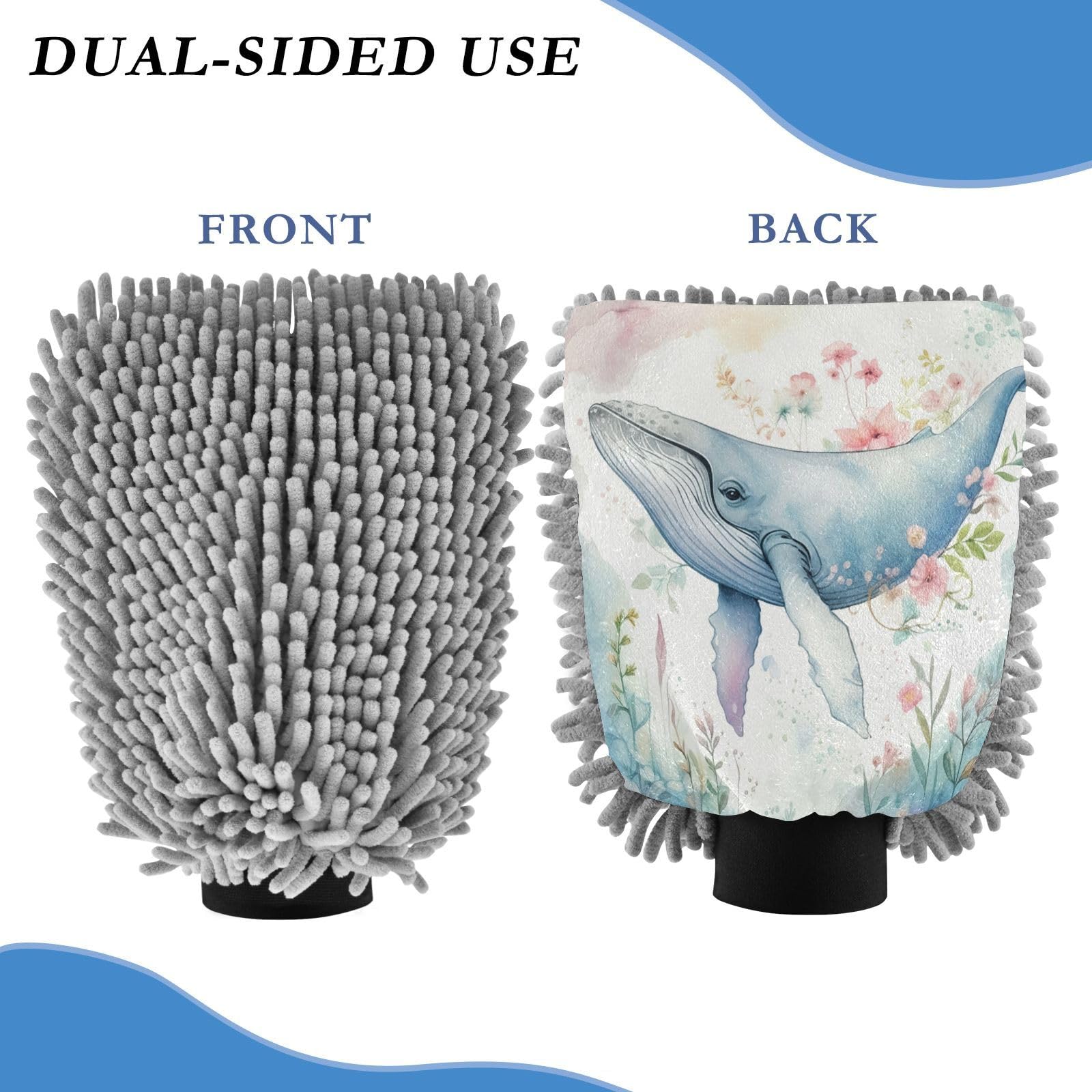 STAYTOP Elegant Whale Car Wash Mitt Microfiber, 2Pcs Scratch Free Lint-Free, Premium Chenille Microfiber Mitt Car Wash Brush-L