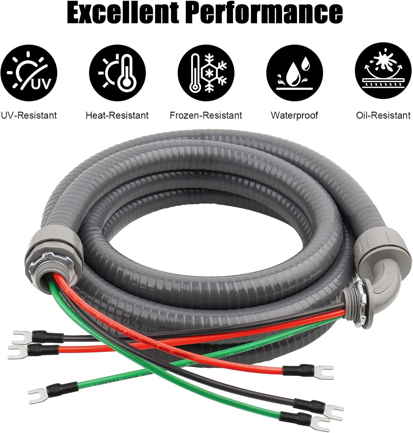 1/2 Inch AC Whip Assembly Kit 6 FT with Terminal, Non-Metallic Liquid Tight Electrical Conduit with 10/3 Gauge THHN Wire for Heater, Air Conditioner, Timer, Mini Split System