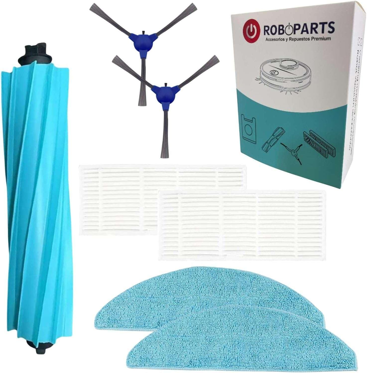 Roboparts® Recambios compatibles con Robot Aspirador Cecotec Conga M70 / M70 Genesis. Rodillo Principal Central, cepillos Laterales, Filtro Hepa y Mopas de reemplazo
