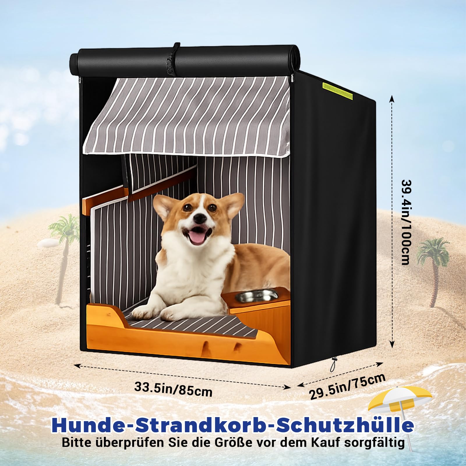 Hundestrandkorb Abdeckung, Hundestrandkorb hülle, 600D Oxford Wasserdicht Abdeckhaube Schutzhülle für Strandkorb Hund, mit Fluoreszierender Griff,85 * 75 * 100cm