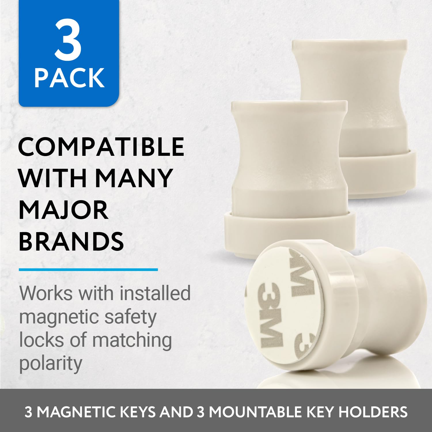 IMPRESA Magnetic Child Safety Cabinet Lock Keys (3-Pack) - White & Includes 3 Adhesive Key Holders - Child Lock Magnet Key Replacement & Cabinets up to 2 in Thick