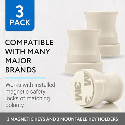 Miniatura 3 de IMPRESA Llaves magnéticas de seguridad para armario de seguridad infantil (paquete de 3) – Blanco e incluye 3 soportes adhesivos – Reemplazo de