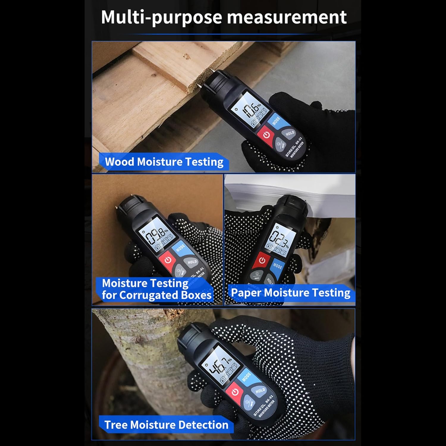 BAFOVY Wood Meter, Digital Handheld Humidity Detector with Backlight Display, 4 Measurement Modes, Data Hold Function, for Wood Paper Cardboard Lumber (SK-31)