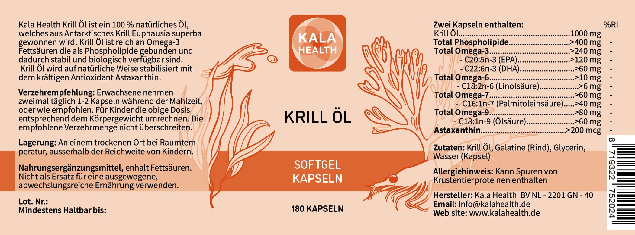 Kala Health – Pure Krill 500mg Krill Öl 180 Softgel Kapseln - Omega 3,7,9 Reich an EPA, DHA und Astaxanthin – Testsieger – Hochdosiertes Krillöl