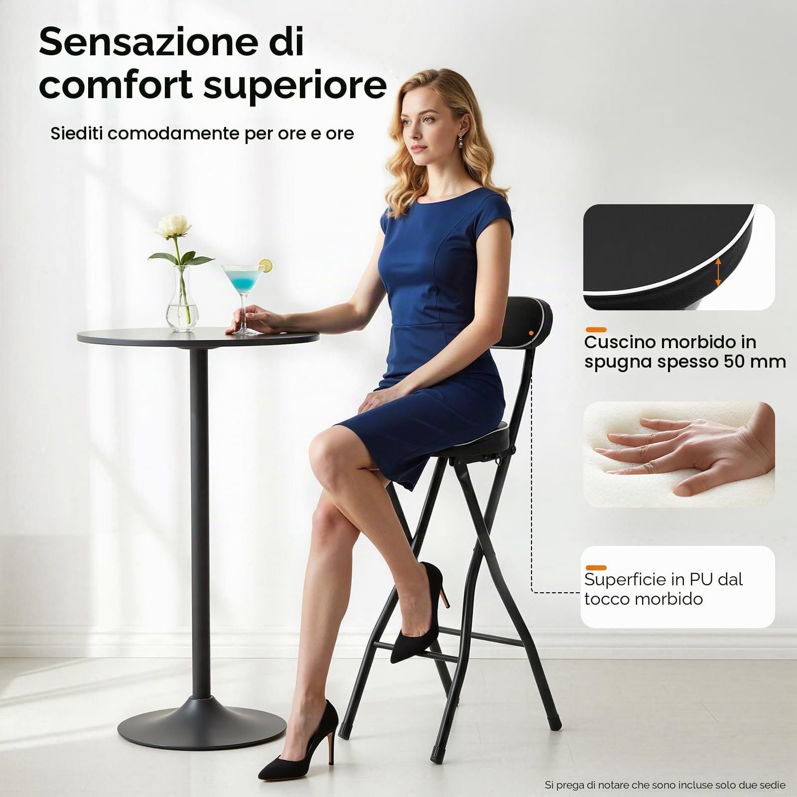 Set di 2 sgabelli da bar pieghevoli, con schienale, 65 cm, per interni ed esterni, cucina, bar, bistrò, campeggio, colore nero, portata 125 kg