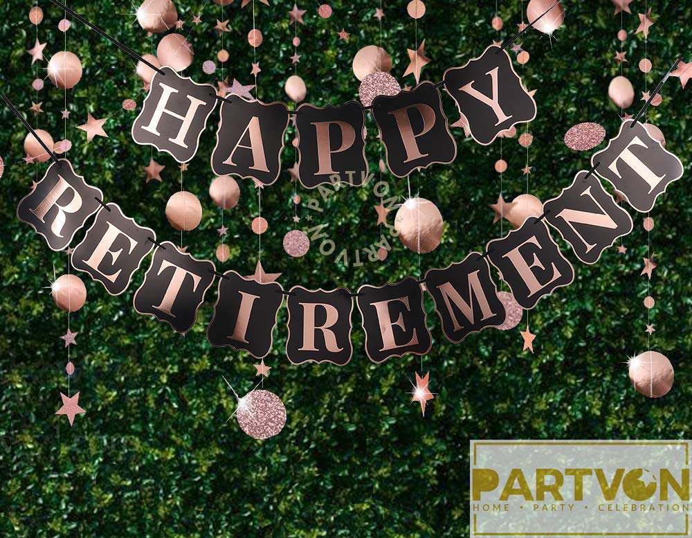 Rotgoldenes Banner zum Ruhestand | Glitzer-Roségold-Girlande mit Kreis-Punkten und Glitzernden Sternen, Papier-Wimpelkette zum Aufhängen für Ruhestandsdekorationen | Luxuriöses Partyzubehör für Frauen