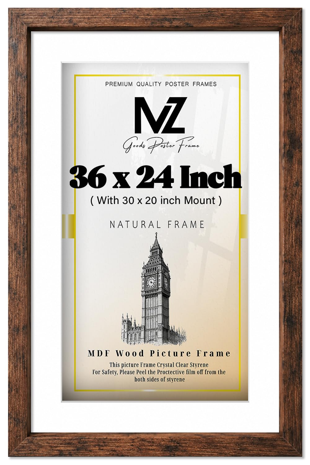 MZ GOODS | MDF Contemporary Diploma Frame (91.44 x 60.96 cm) With 762 x 508 mm White Mount Wall Mounted | 24 x 36 Poster, Artwork, Decorative, Picture Frame [ Rustic ] — image 1