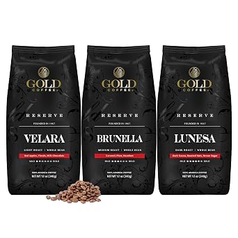 Gold Coffee Bundle Velara, Brunella & Lunesa, Light, Medium & Dark Roast, Whole Bean |100% Arabica Coffee, 12 oz. Pack of 3