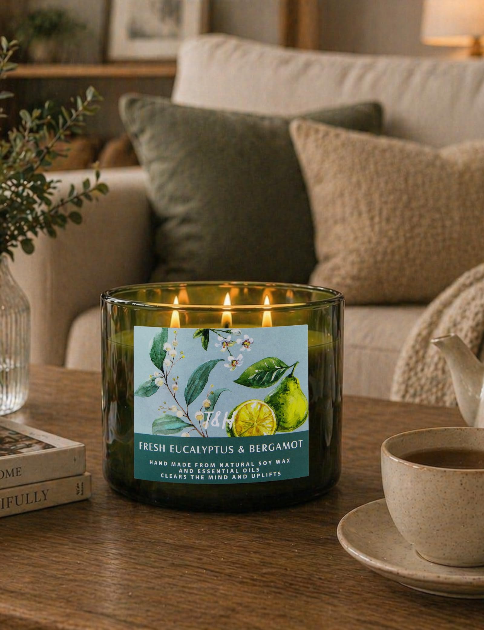 Candela fresca all'eucalipto e bergamotto, grande candela profumata a 3 stoppini, per rilassarsi in casa, 450 ml, candela per aromaterapia antistress, candela profumata di soia di lusso per donne e