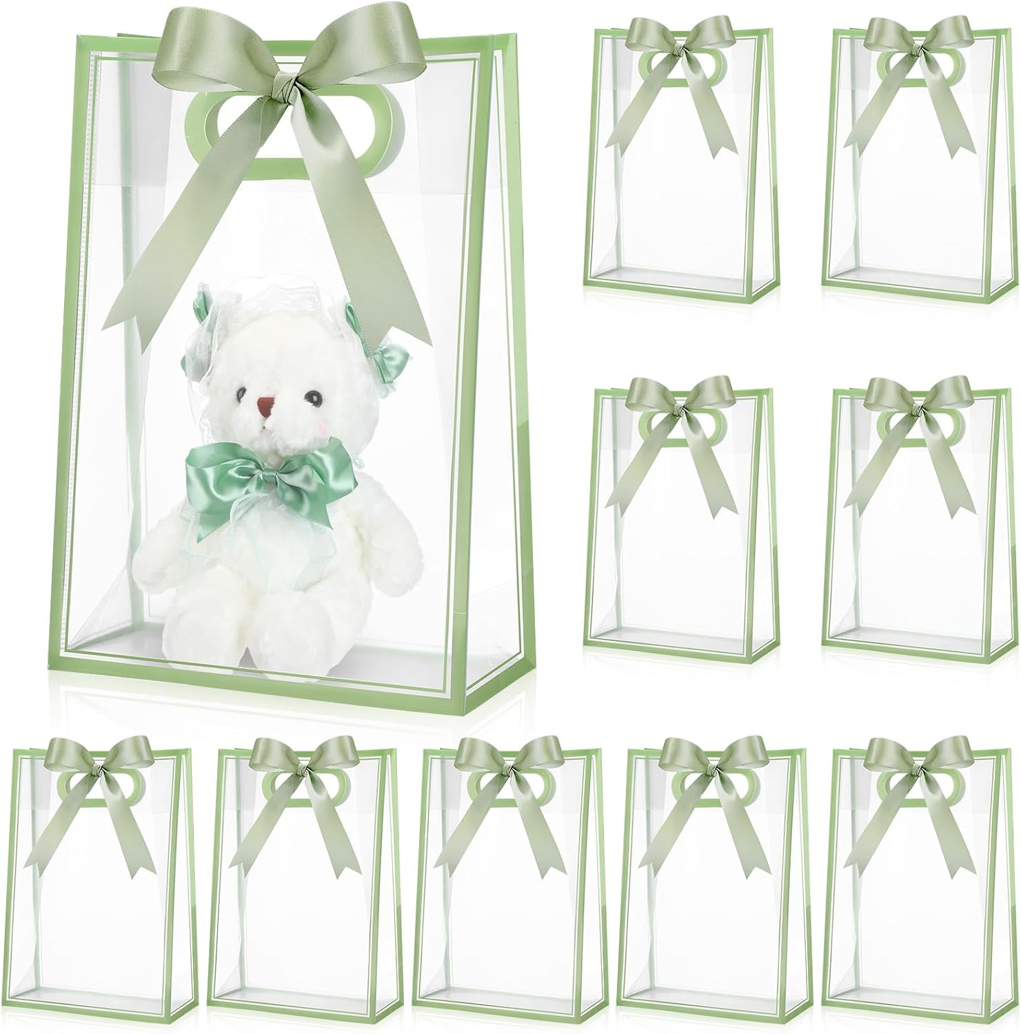 aliceset 12 pcs clear plastic gift bag with die cut handles graduation reusable pp flower bag with ribbon for wedding bridal birthday baby shower party business, 7x10x3.15 inch(sage green)