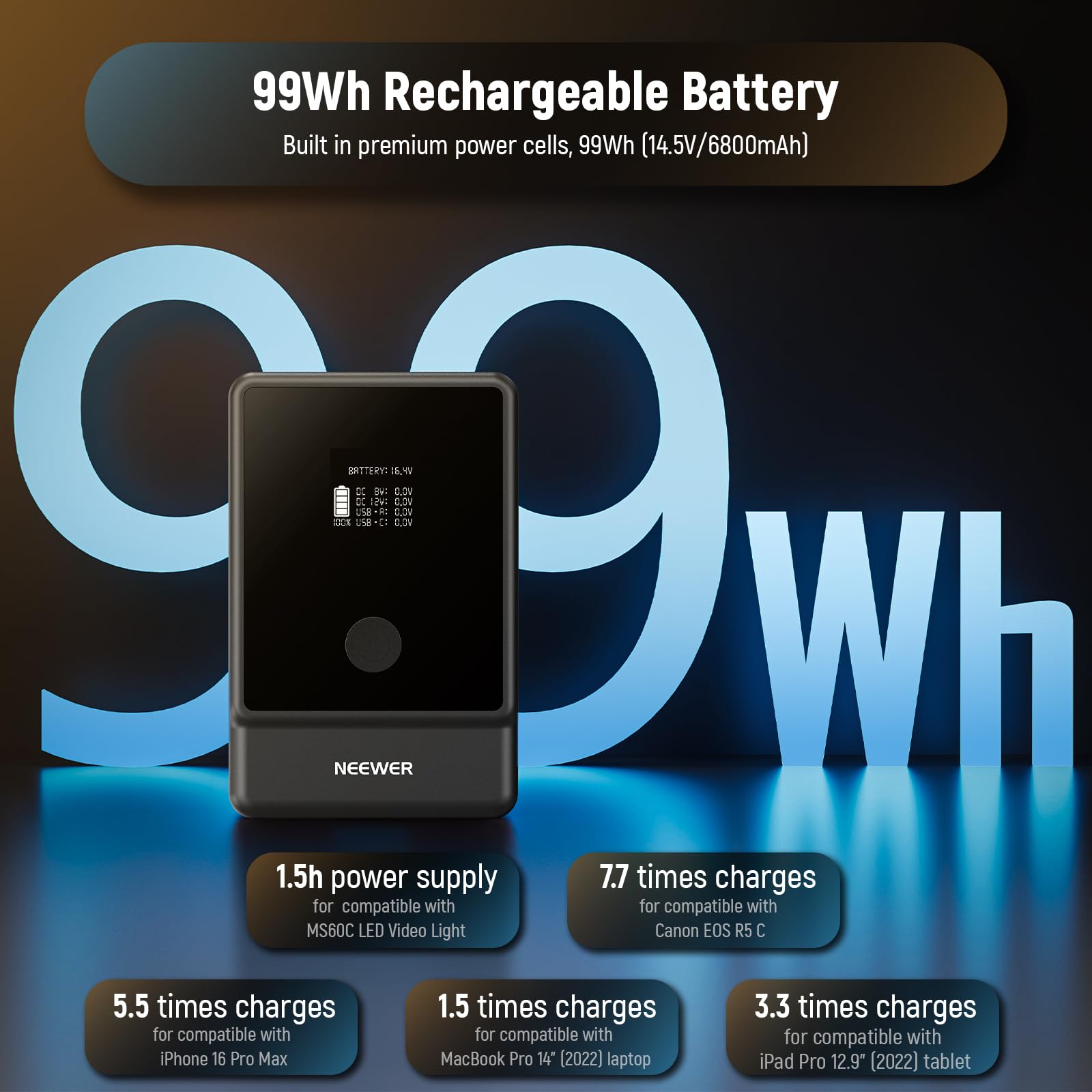 NEEWER BASICS PS099E akumulator do montażu V, 6800 mAh/99 Wh mini V z wyświetlaczem OLED, kabel D Tap/typ C, PD65W szybkie ładowanie USB C, wyjście D Tap/BP/USB A/DC do kamer wideo, monitora