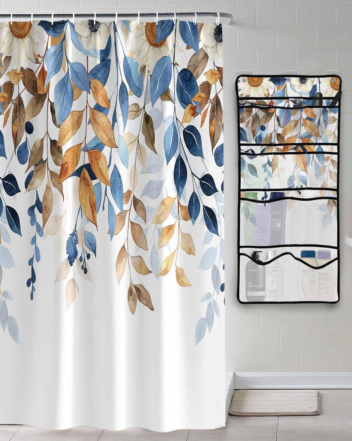 TocaHome Decorative Shower Curtain Sets Fall Polyester Fabric Waterproof Bath Shower Curtains Eucalyptus Leaves Flowers White Mesh Shower