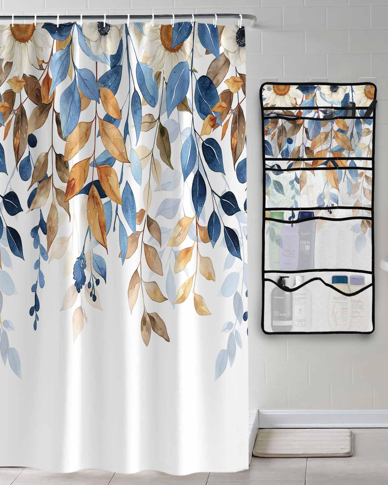 TocaHome Decorative Shower Curtain Sets Fall Polyester Fabric Waterproof Bath Shower Curtains Eucalyptus Leaves Flowers White Mesh Shower