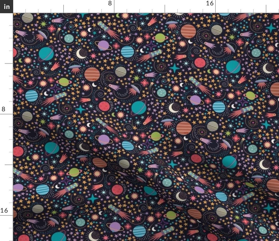 Spoonflower Fabric - Colourful Ditsy Space Adventure Planets Stars Geo Printed on Petal Signature Cotton Fabric by The Yard - Sewing Quilting Apparel Crafts Decor