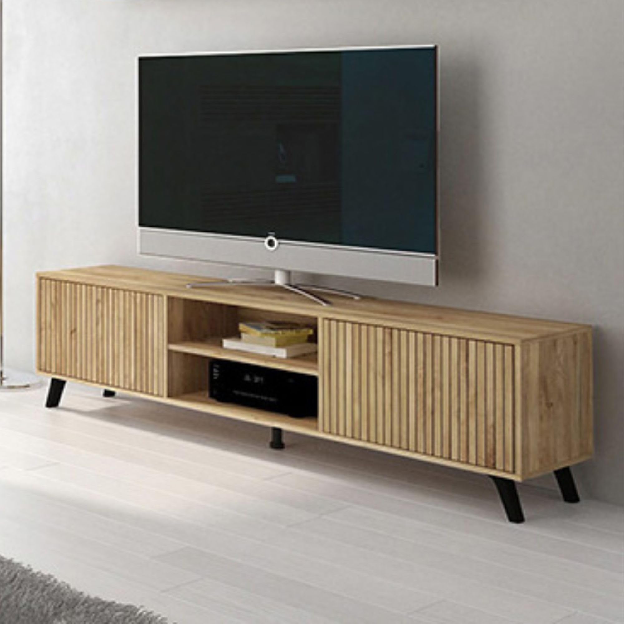 Mueble de TV de Diseño Nórdico, 2 Compartimentos de Almacenamiento y 2 Puertas, Mauvella - Rayas, 49cm (Alto) x 180cm (Ancho) x 40cm (Fondo)