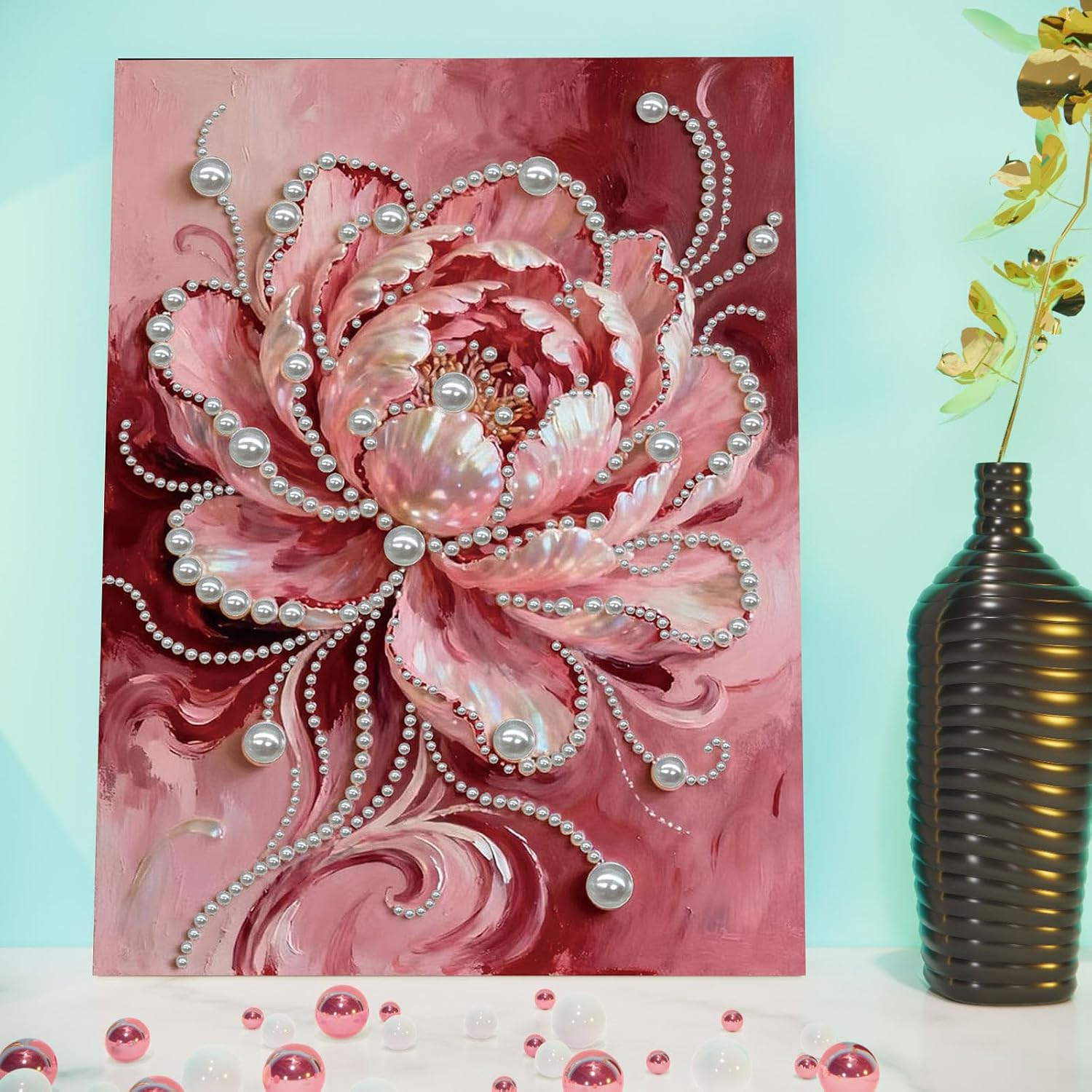 POETRYDRAW DIY Diamond Pearl Painting Kit for Adults Pink Flower, Beginner Friendly Craft Kits with Frame 30x40cm, Home Decor Housewarming Gift, Diamond Dots Beads Canvas Art for Wall Decor