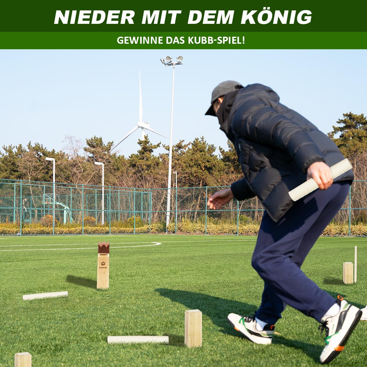 SunNordic Kubb Juego de Lanzamiento Vikingo, Juego de ajedrez Sueco Hecho de Madera de Caucho de, Incluye Bolsa de Lona e Instrucciones de Juego, Juego Robusto de Kubb Yard para niños y