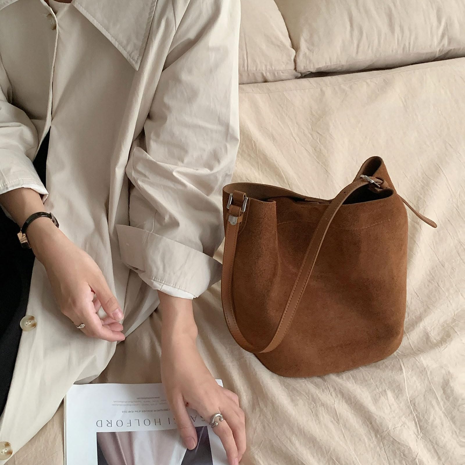 Borsa a tracolla in morbida pelle scamosciata, borsa a secchiello, borsa a tracolla, borsa a tracolla in pelle scamosciata per donna, marrone,Marrone