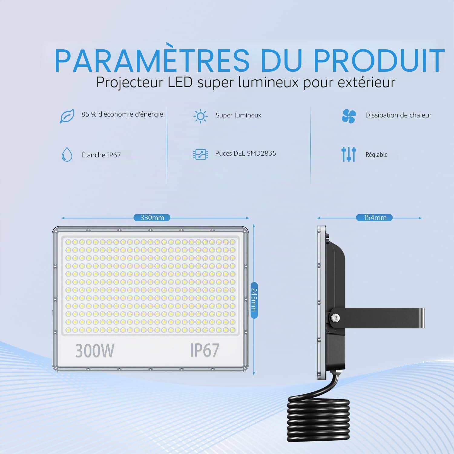 Projecteur Spot LED Extérieur 300W, Lampe Phare LED Exterieur Etanche IP67 30000LM Blanc Froid 6500K pour Jardin(1 Pièce)