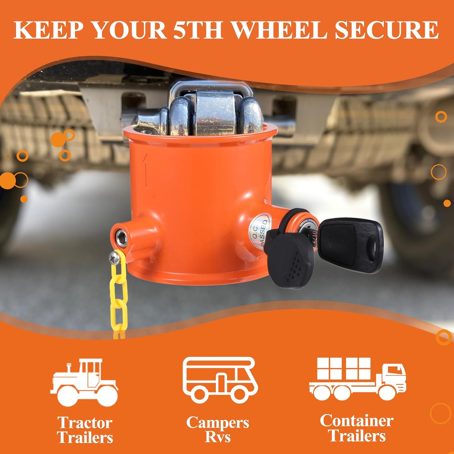 5th Wheel King Pin Lock, Anti-Theft Trailer Lock King Pin Lock Fifth Wheel Hitch Lock for RVs, Trucks and Trailers with Yellow Warning Tag & 2 Keys - Orange