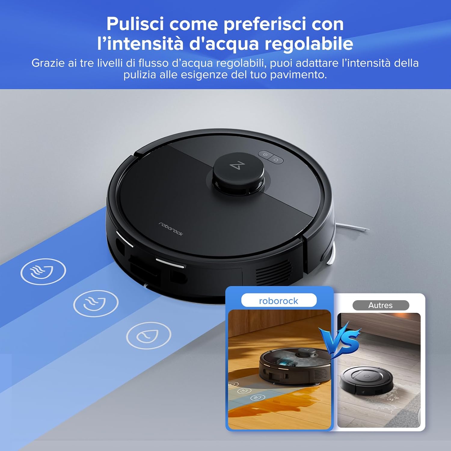 Roborock Q7 L5+ prikazuje tri nastavljive stopnje pretoka vode za brisanje pomivalnega stroja in primerjavo z drugimi robotskimi sesalniki.