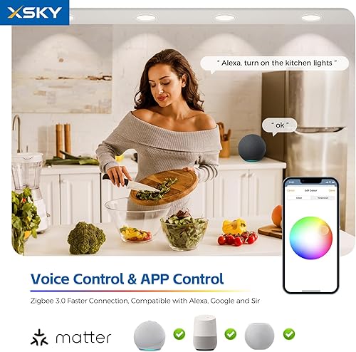 Miniatura 2 de Xsky - Iluminación empotrable inteligente de 6 pulgadas, luz de materia, Zigbee 3.0 RGBCW cambio de color, 13 W 1100 LM, centro Zigbee to Matter