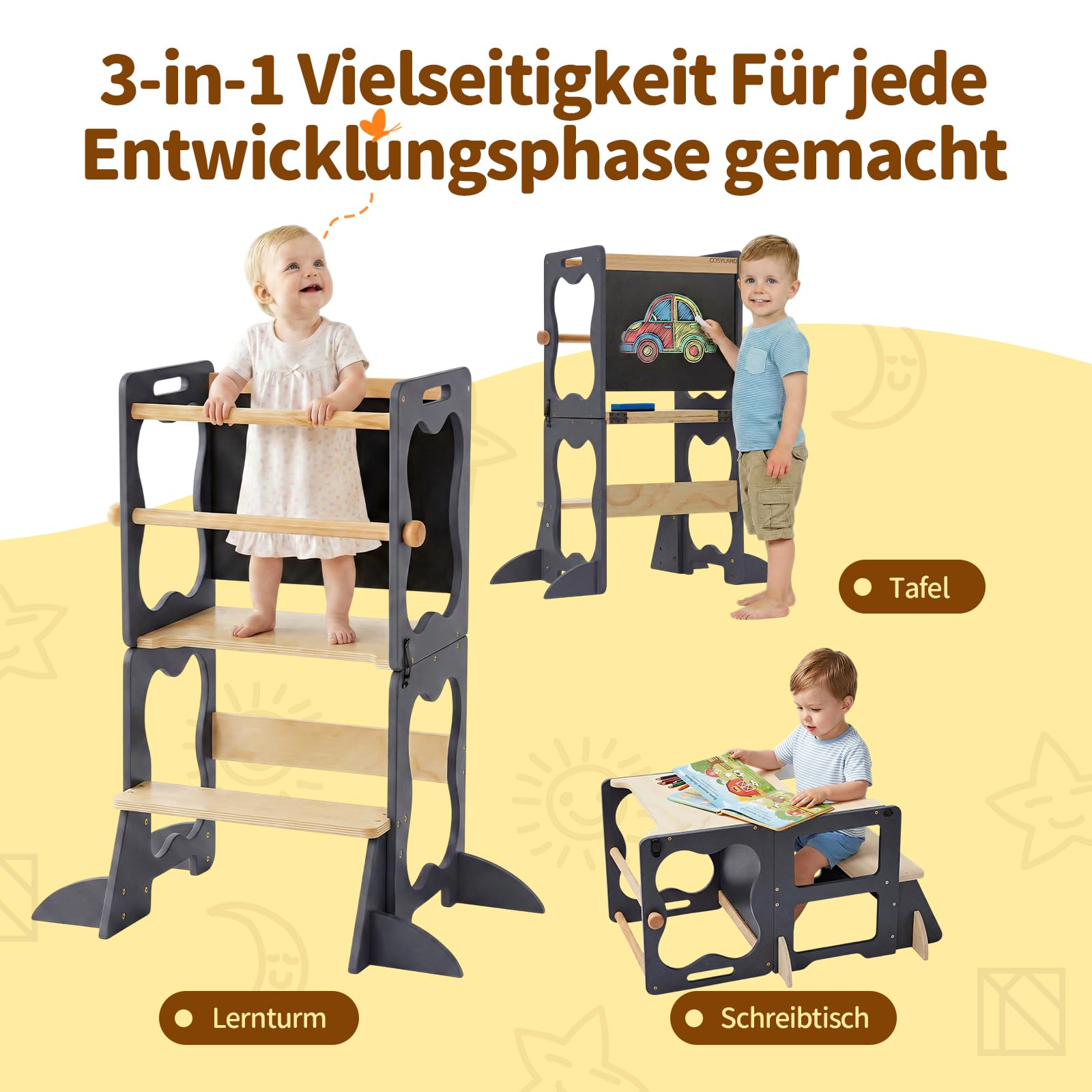 COSYLAND Lernturm Kinder 3in1 Küchenhelfer mit Tafel & Geländer Grau | Wandelbar zu Tisch & Stuhl. Stabiler Küchenhelfer für Alltag, Lernen und Spielen. Absolut sicher und langlebig.