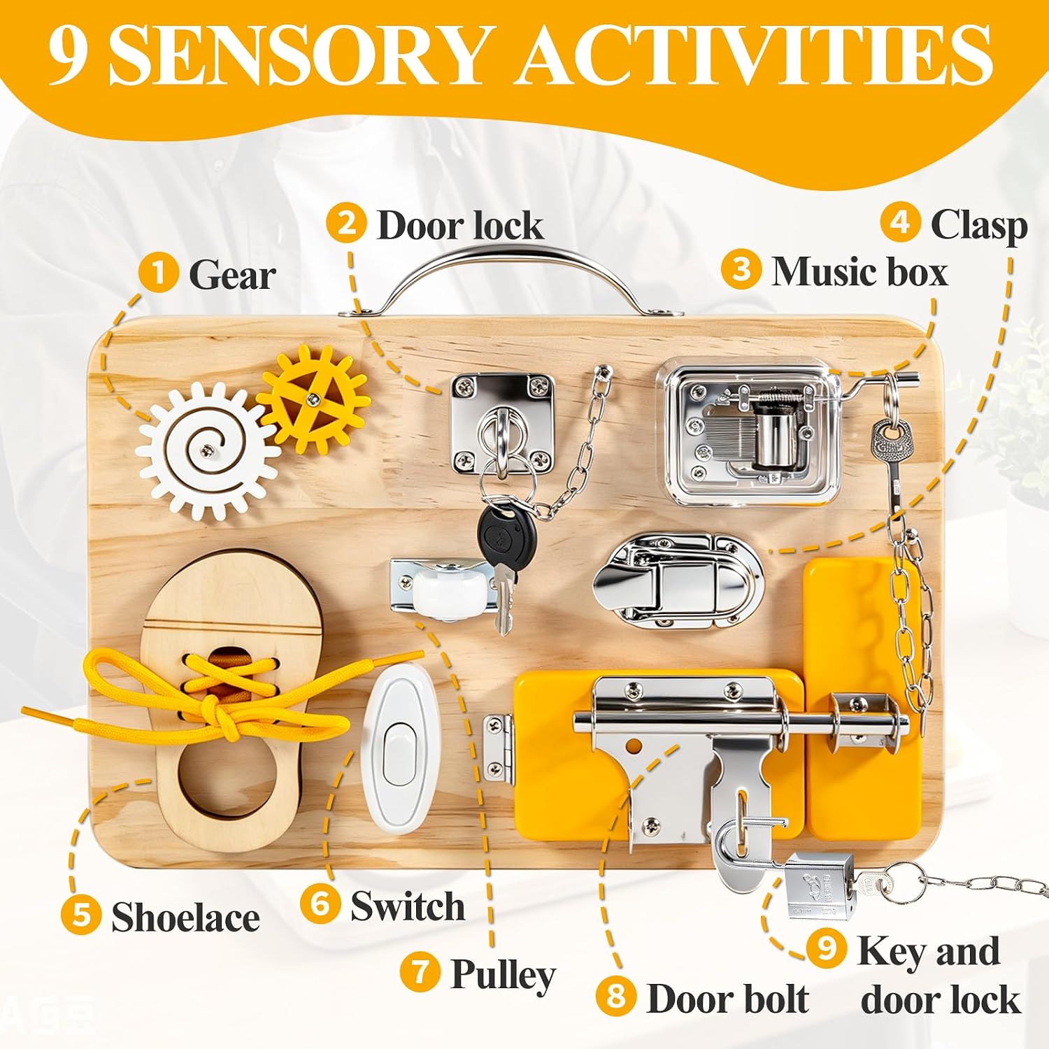 Fidget Busy Board,Dementia Activities for Seniors,Sensory Toys | 9 in 1 Wooden Alzheimers Products Adults Elderly Sensory Motor Aids Sensory Board for ADHD Autism Patients Relief Anxiety