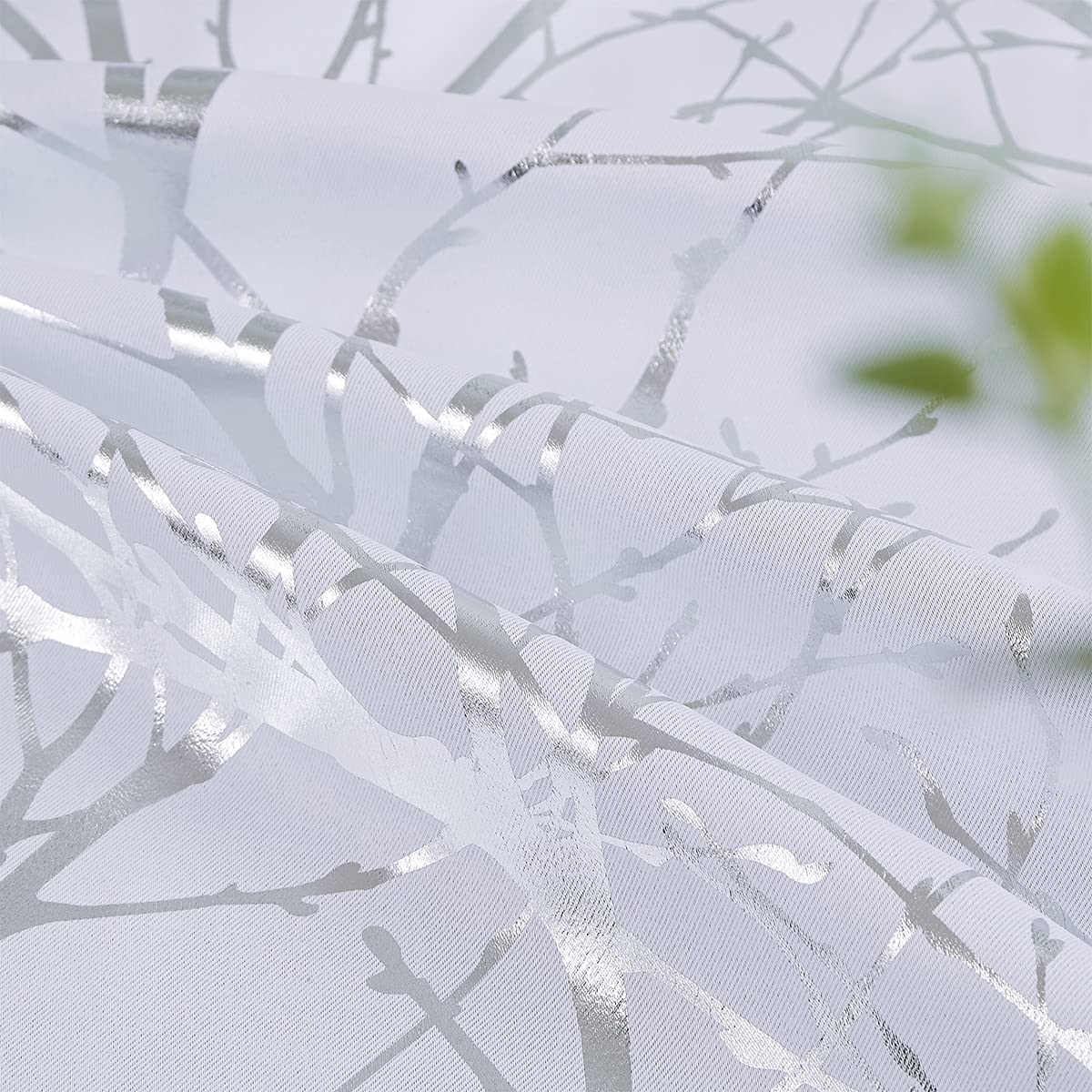 Fmfunctex Blackout Thermal Curtains for Bedroom 72 Inch Drop White Silver Eyelet Curtains for Living Room Branch Foil Print Room Darkening Energy Saving Window Curtain Drapes 2 Panels - Image 3