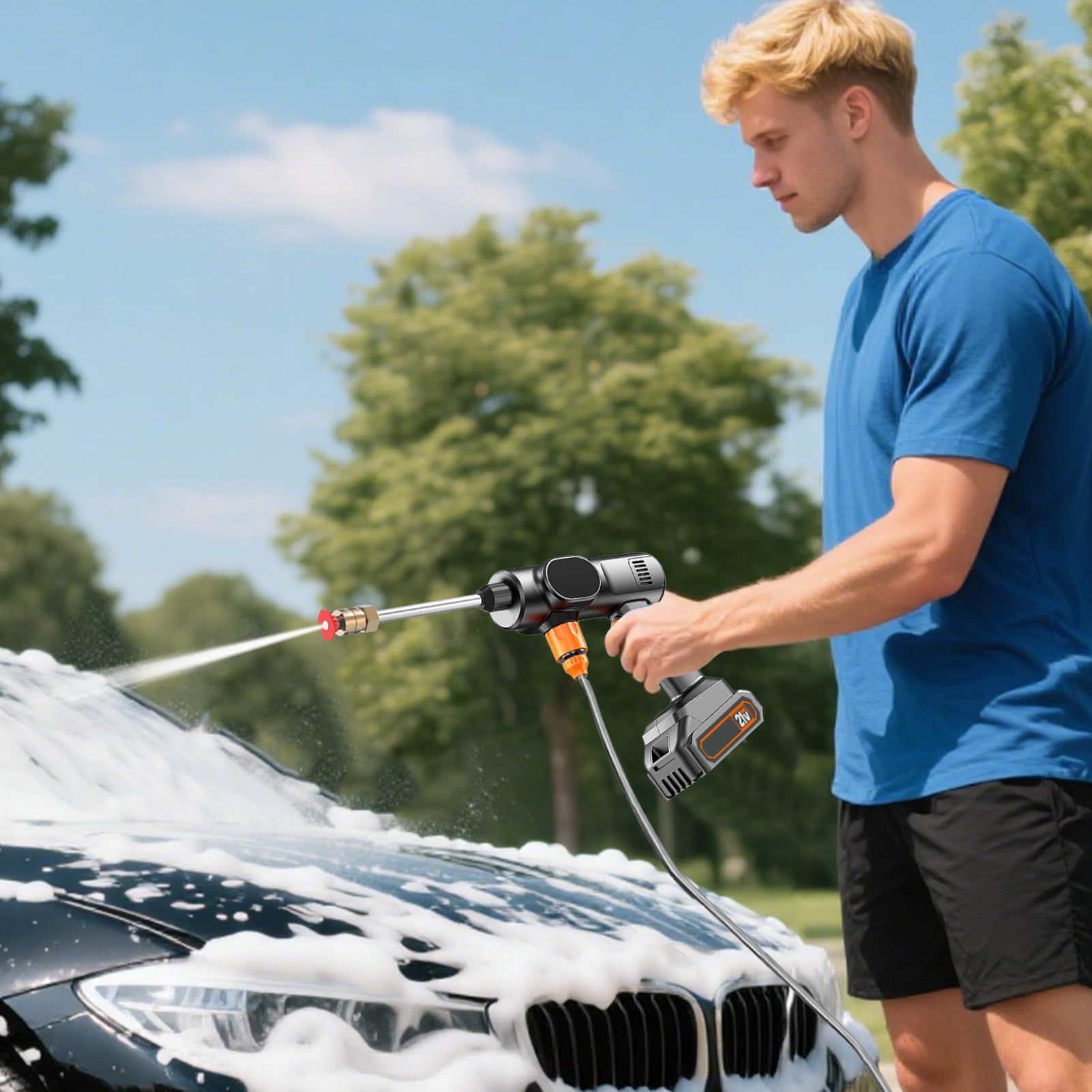 Hidrolimpiadora Portátil Inalámbrica Máquina de Presión Inalámbrica 21V | De Suelos Portátil Para La Limpieza De Coche Jardín Entrada Terraza Patio Exterior Industrial Y Comercial
