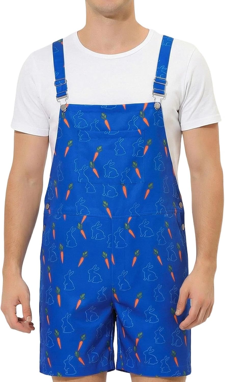 Easter Bunny Overalls for Mens,Easter Shorts Romper Festival Printed Rabbit Carrot Jumpsuit Work Bib Overalls Mens