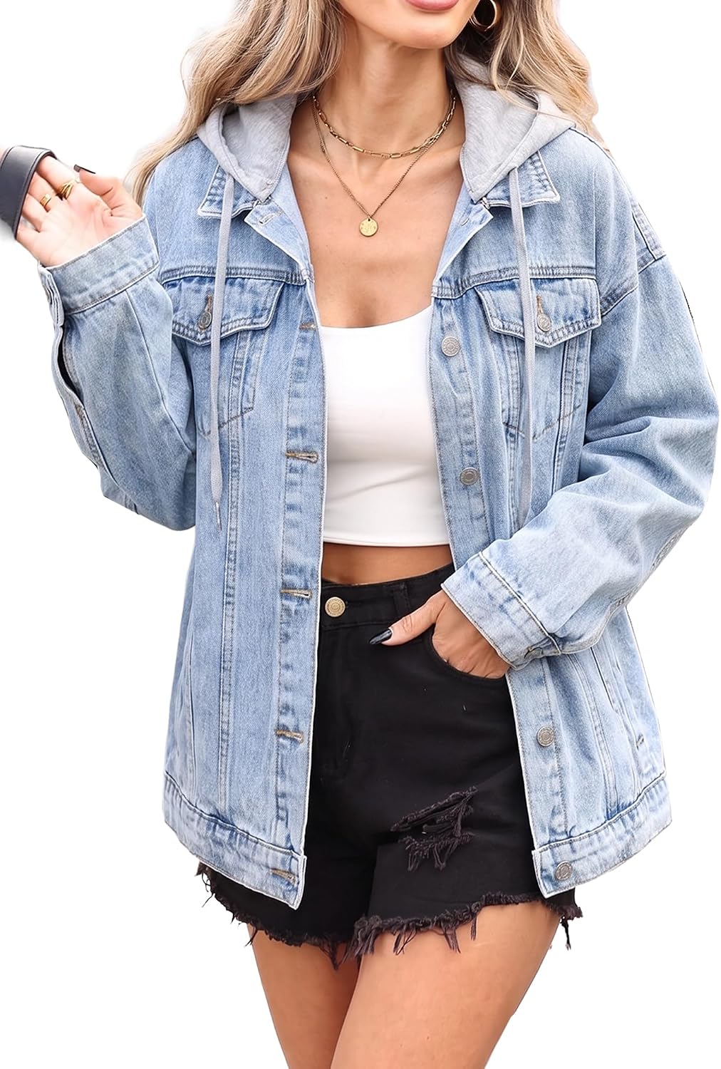 LifeShe Women's denim jacket with hood oversized distressed jean jackets hoodie