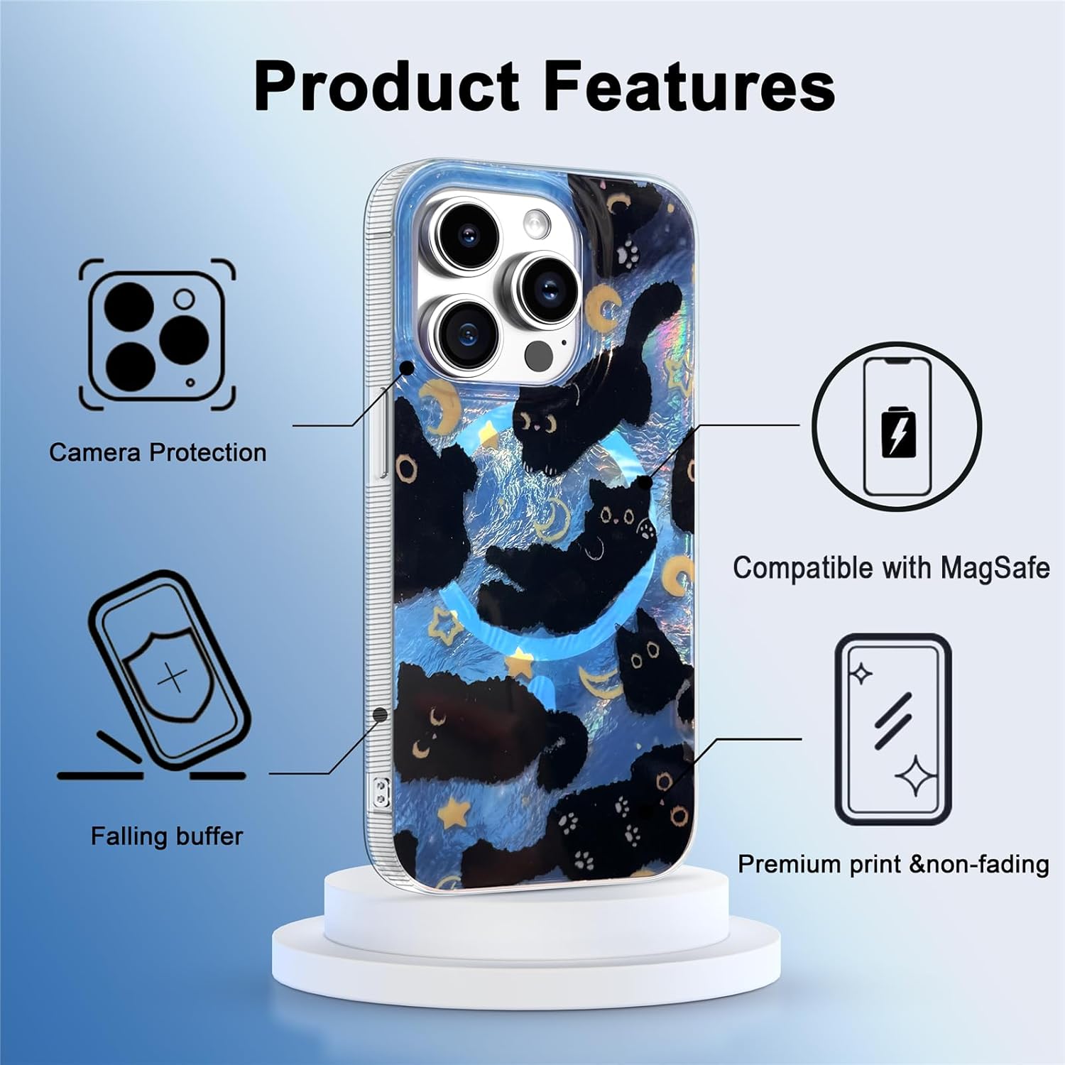 Compact Case for iPhone 13 Pro Max Black cat Design,[Compatible with Magsafe] Cute Soft Slim TPU Shockproof Protective Bumper Phone Cases Cover for Aesthetic Glitter Shiny Adorable - Image 4