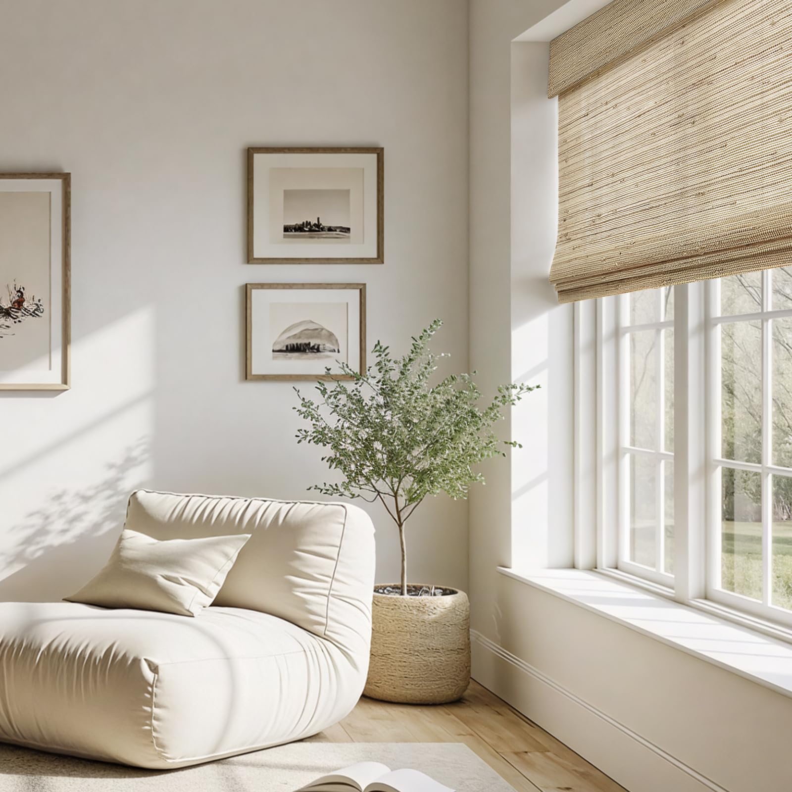 HOMEIDEAS 100% Natural Cordless Ramie Roman Shades Sun Light Filtering Window Treatment Privacy Protection Easy to Install Blinds Shades for Kitchen Indoor Windows, 1 Piece, W30 X L60, Beige