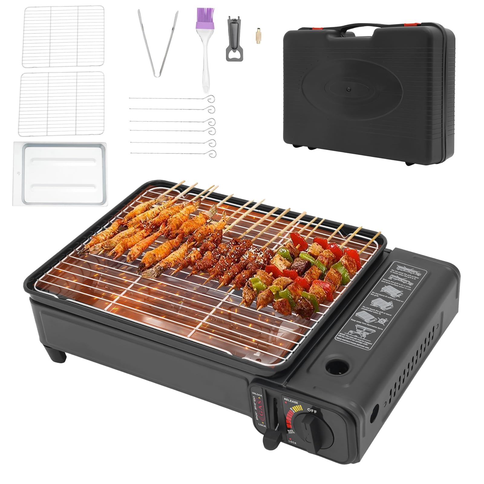 Przenośny grill gazowy 2200 W, z 2 kratkami | (42 × 26 × 11 cm), mały grill gazowy z torbą transportową, zabezpieczenie przed nadciśnieniem na kempingu, w podróży