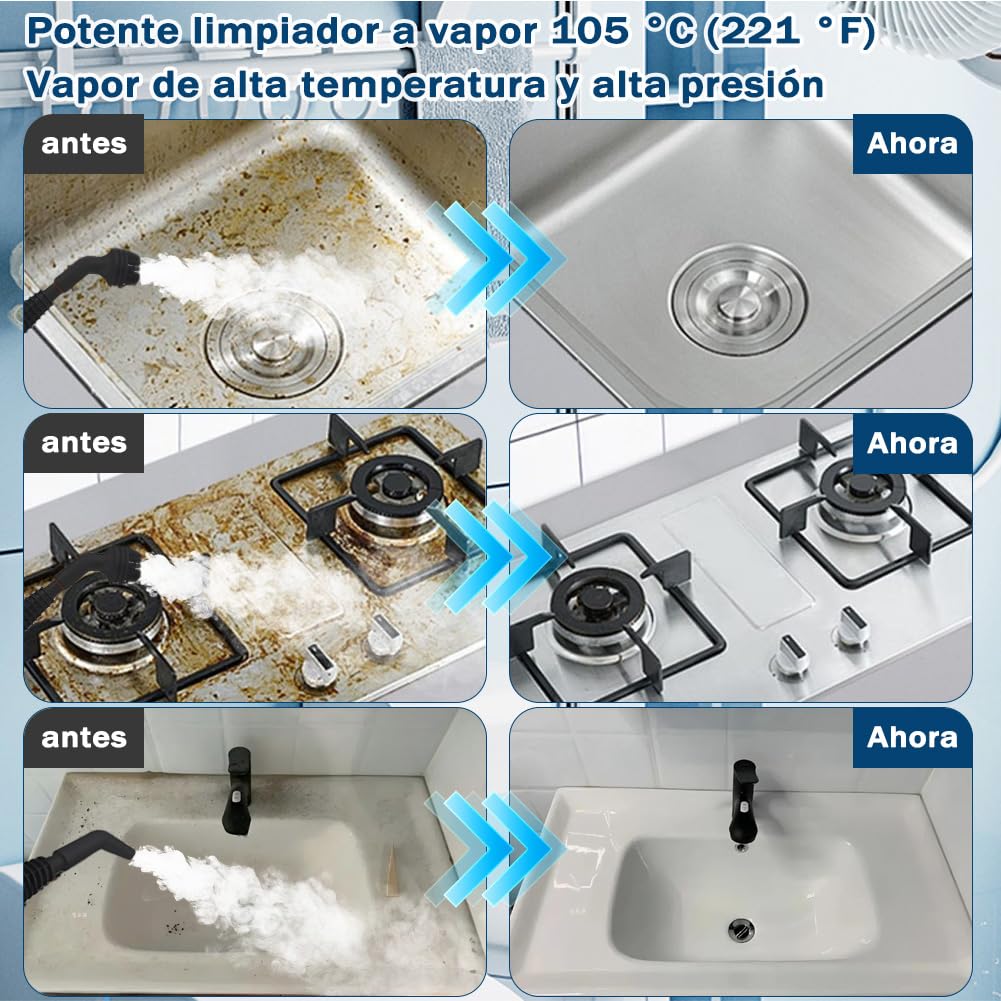 Limpiador a vapor, 1050w vaporeta limpieza hogar, vaporeta portatil, máquina de limpieza a vapor presurizada todo en uno, vaporeta de mano con cierre de seguridad y 12 accesorios (1 juego)