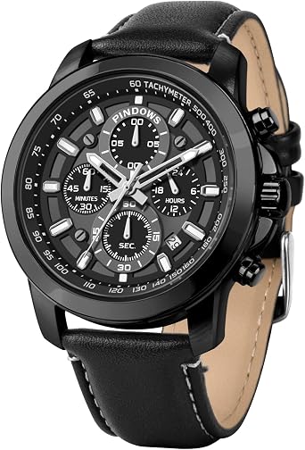 PINDOWS Men's Chronograph Watch, Analogue Quartz with Leather Strap