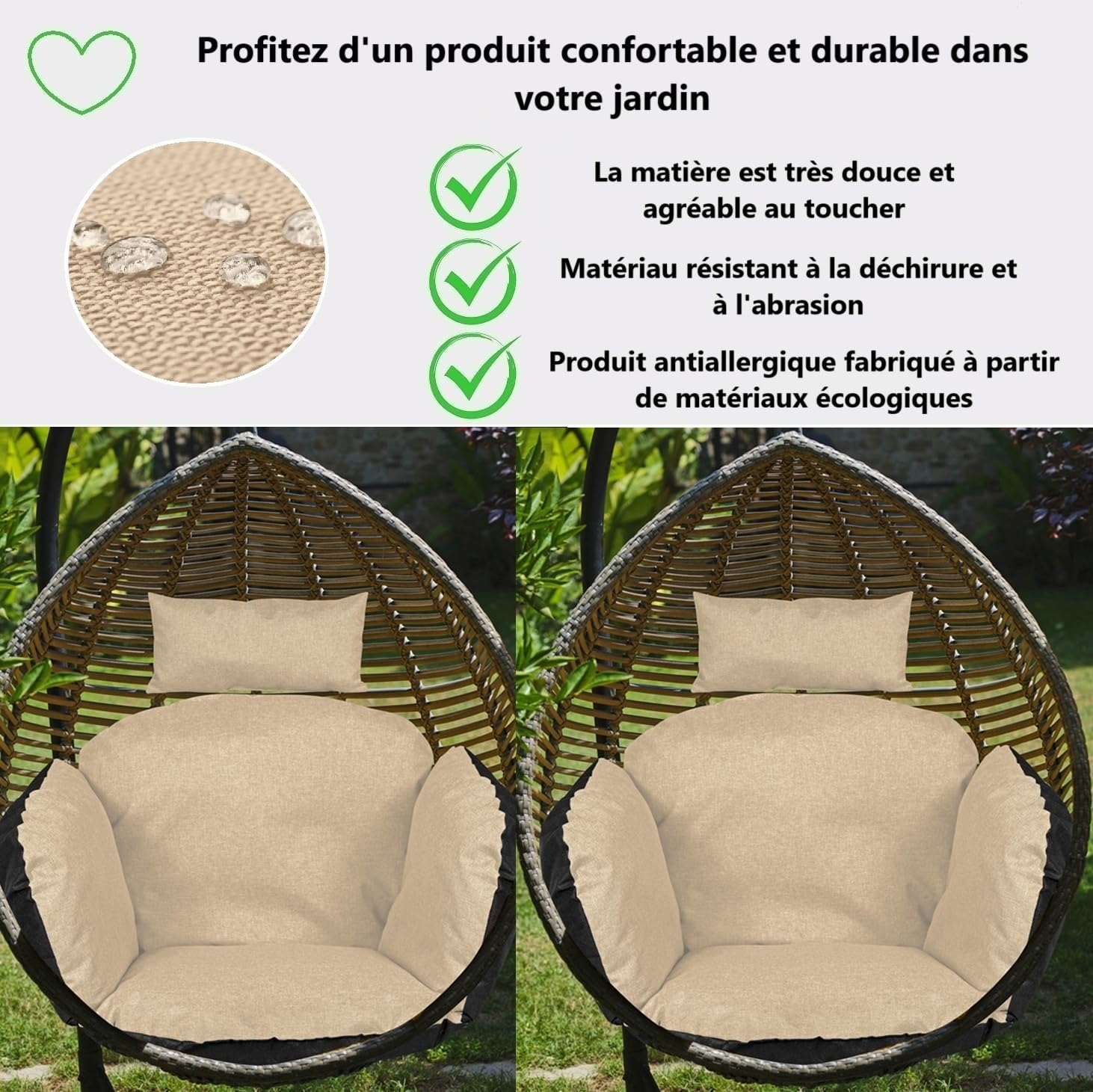 Coussin de siège pour Fauteuil Suspendu, avec Dossier, Appui-tête, Coussin pour balancelle Suspendue, Facile d'entretien, imperméable