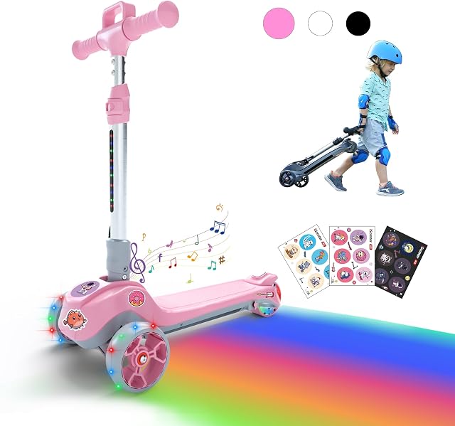 Electric Scooter for Kids Ages 3-12, iScooter iK2 Foldable Kids Electric Scooter, 3 Adjustable Heights Toddler Motorized Pink Scooters, Bluetooth Speaker & LED Light-up Wheel, Gift for Girls/Boys