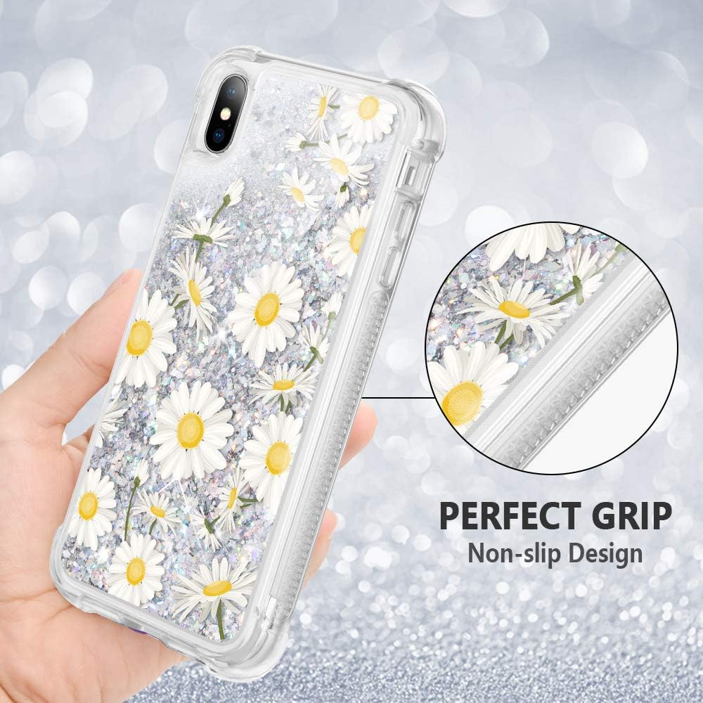 Caka iPhone X Case, iPhone Xs Glitter Full Body Case Built in Screen Protector Bling Floating Luxury Girly Sparkle Cute Liquid Case for iPhone X Xs (Daisy)