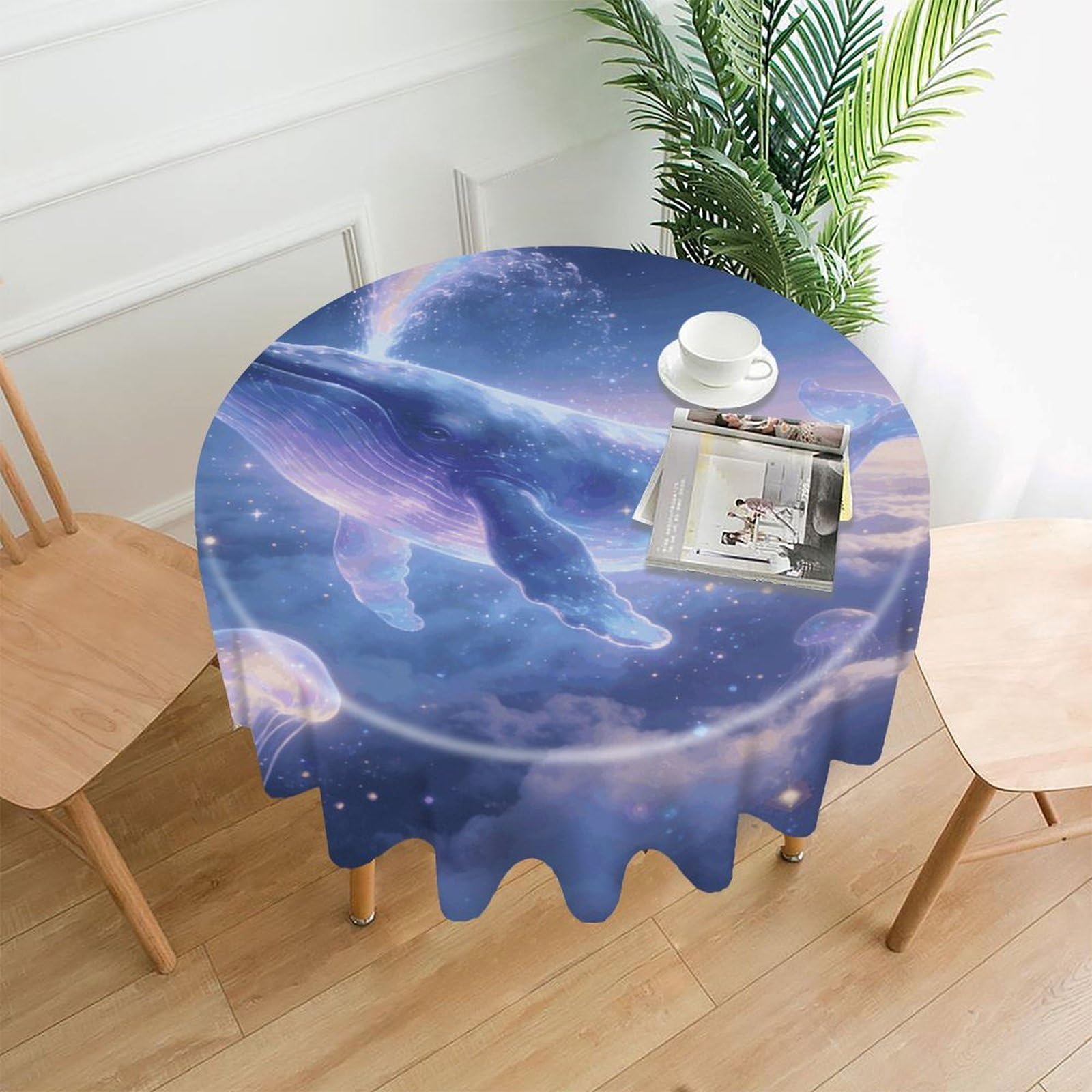VstaDank Dreams of Whales in The Clouds Tablecloth Easy to Clean Polyester Round Table Cover Washable Round Table Cloth Wrinkle-Free Circle Decoration Tablecloth for Kitchen Dining Room 60"