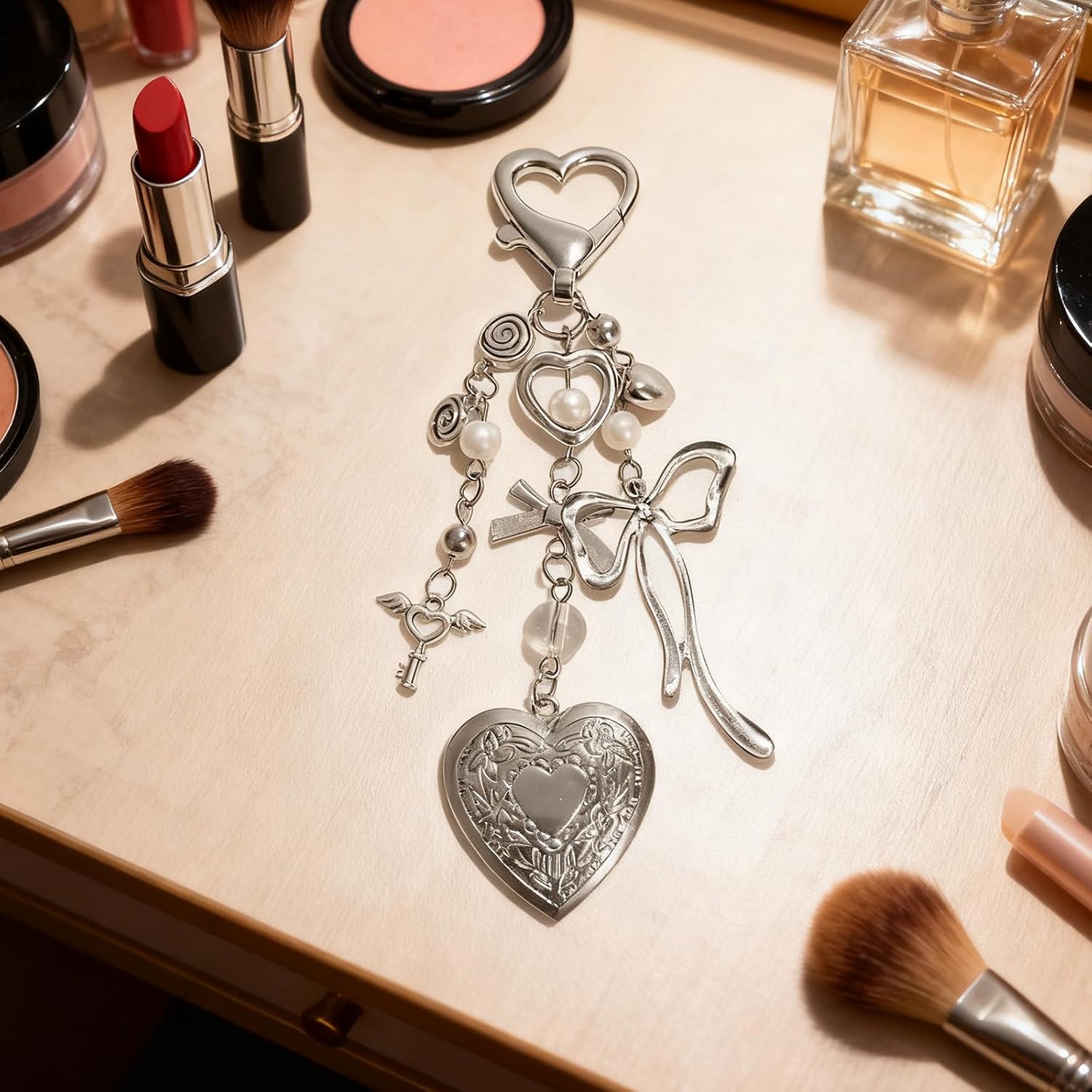 CANIPHA Heart-Shaped Locket Keychain, Silver Bag Charms Decorations Supplies for Women Cute Key Chain Decor, Exquisite Chain Accessories for Women Aesthetic Accessories