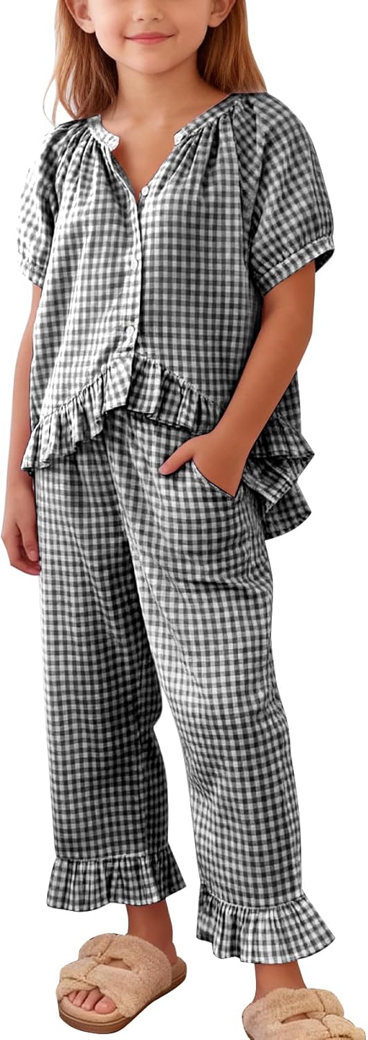 Flygo Girls Gingham 2 Piece Outfits Cotton Plaid Short Sleeve Button Down Peplum Top and Y2K Cute Ruffle Long Pants Sets