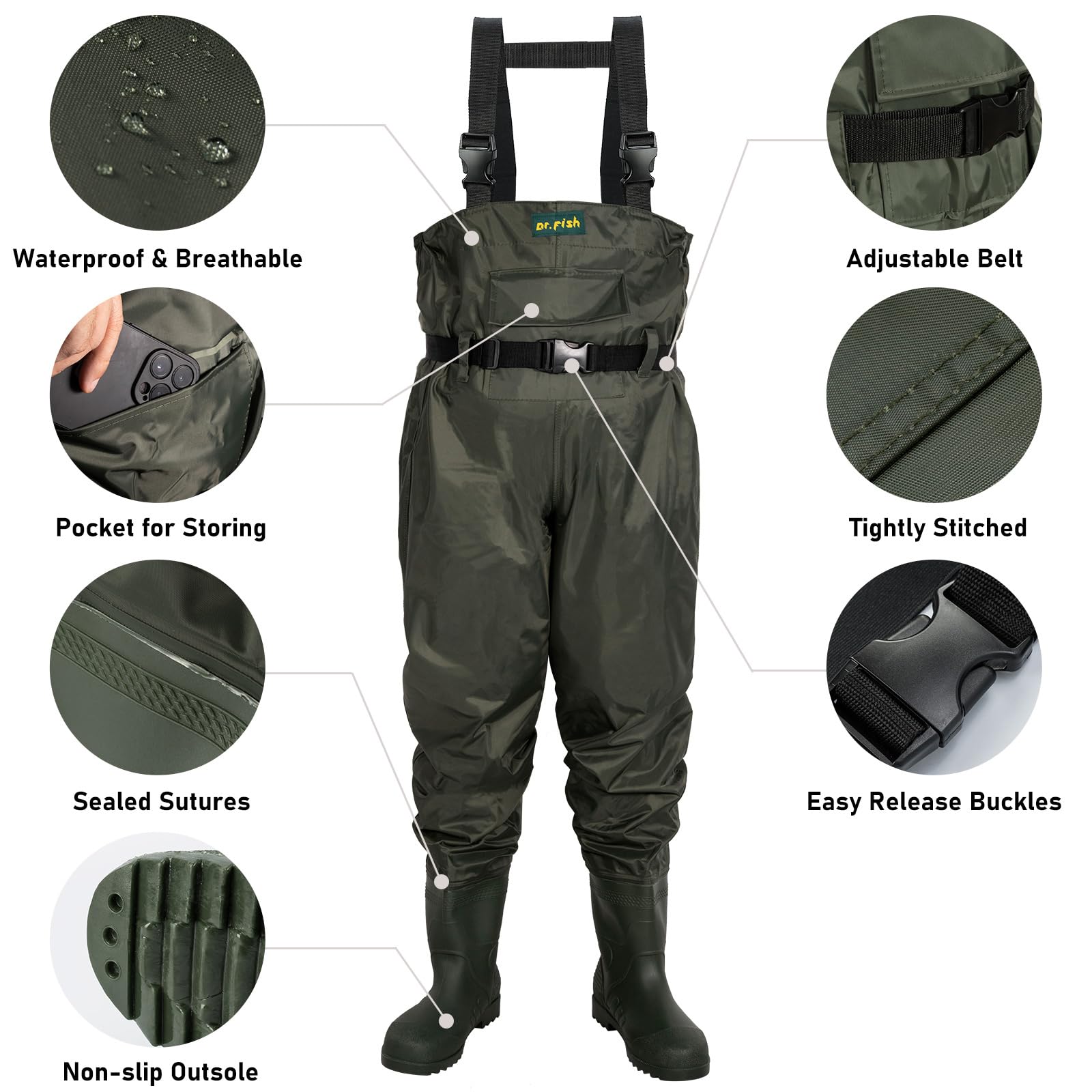 Dr.Fish Trampolieri da pesca taglia UK 6-13 include un semplice kit di riparazione Waterpoof trampolieri con stivali per uomo donna Crosswater con cinture per mosca grossa pesca alla carpa