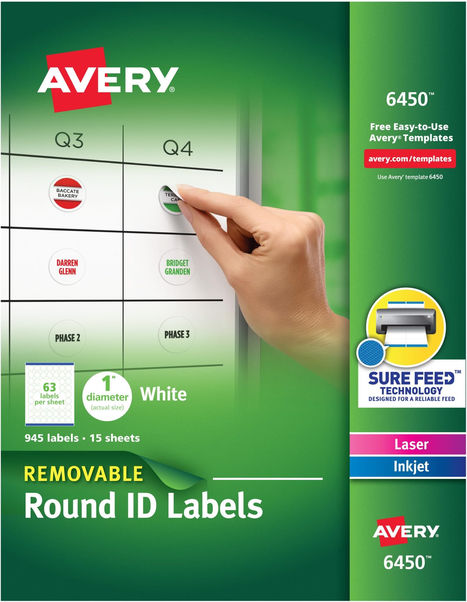 Avery Multiuse Removable 1" Round Labels with Sure Feed, 945 Small White Labels for Organization and Storage (6450)