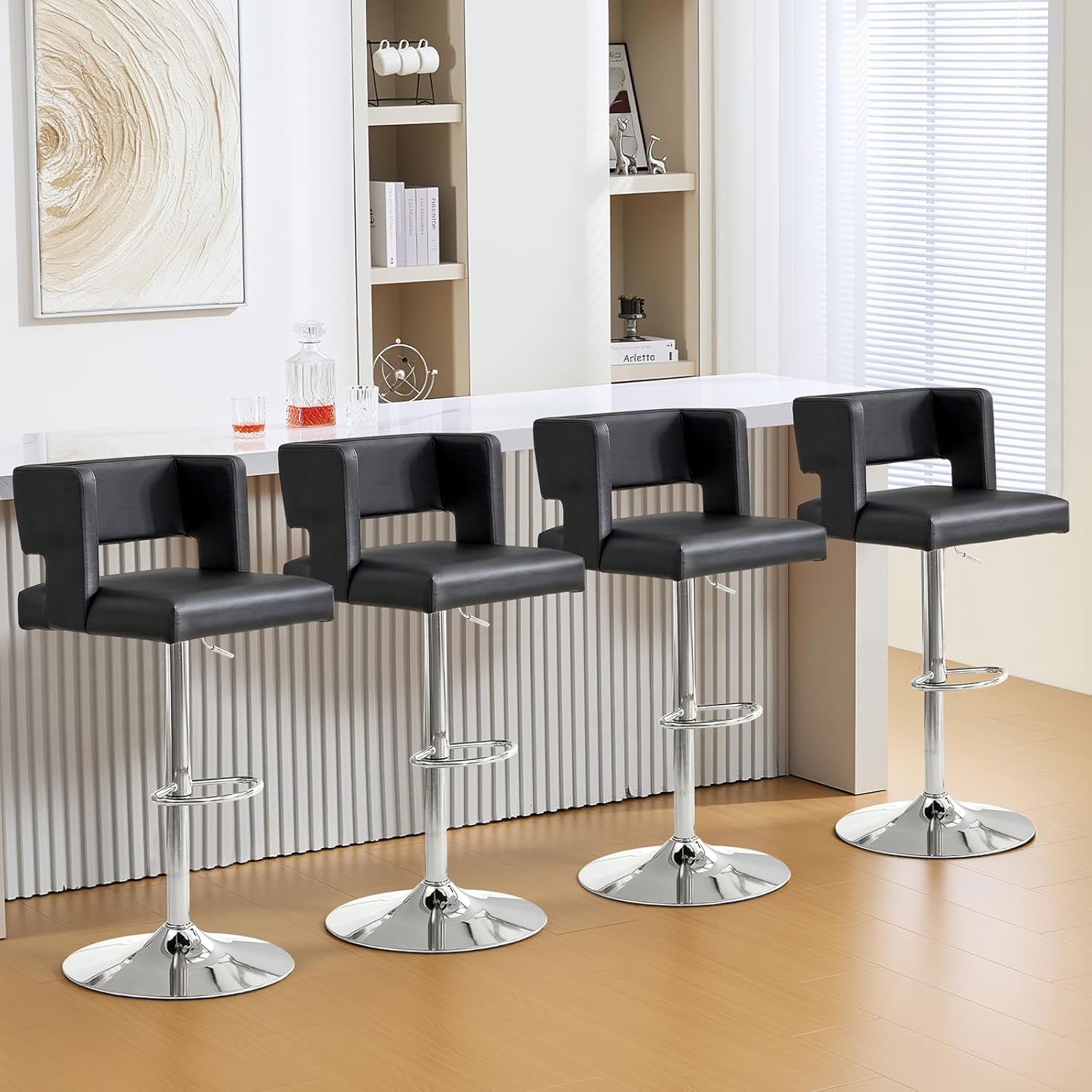 Bar Stools, Adjustable Height Swivel Chairs with Leather Cushion, Counter Height Kitchen Island Dining Chairs (Grey&Silver, Set of 4)